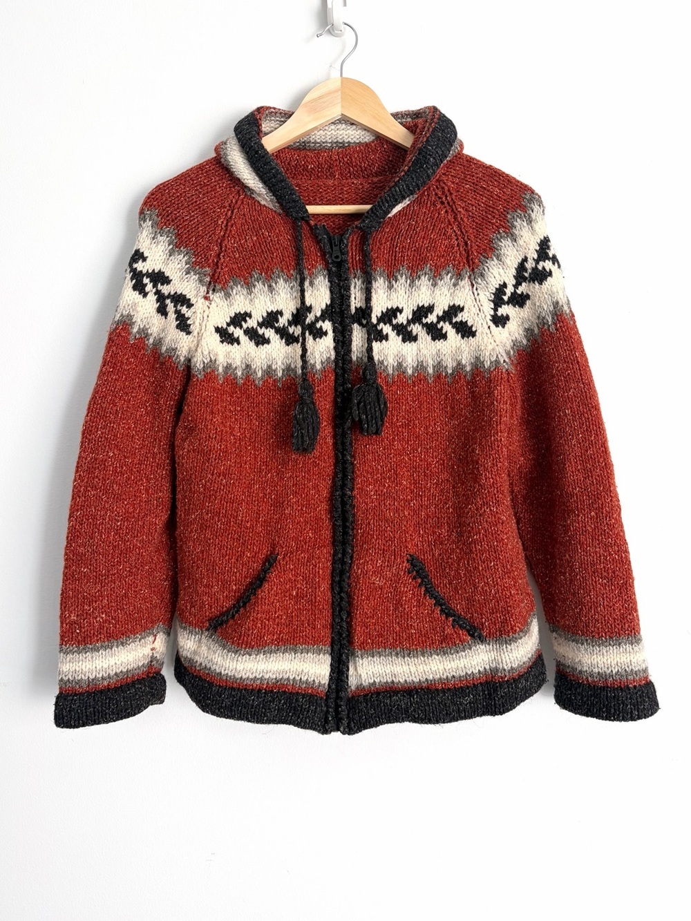 Vintage 1970s Hand Knit Wool Hooded Cowichan Style Zip Up - Size S